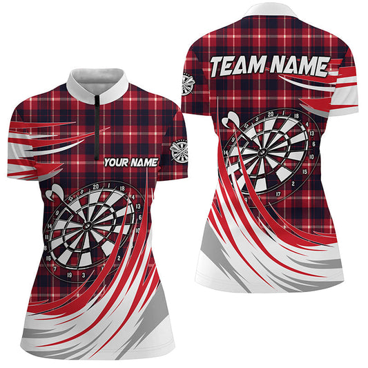 Custom Red Darts Board Plaid Women's Quarter-Zip Shirt | Personalized Darts Team Jersey T1537