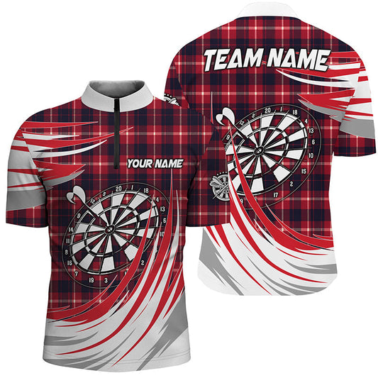 Custom Red Darts Board Plaid Men's Quarter-Zip Shirt - Personalized Darts Team Jersey T1537