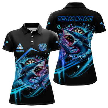 Personalized Blue Darts Board & Shark Women's Dart Polo Shirt, 1/4 Zip Funny Dart Jersey Outfit T2957