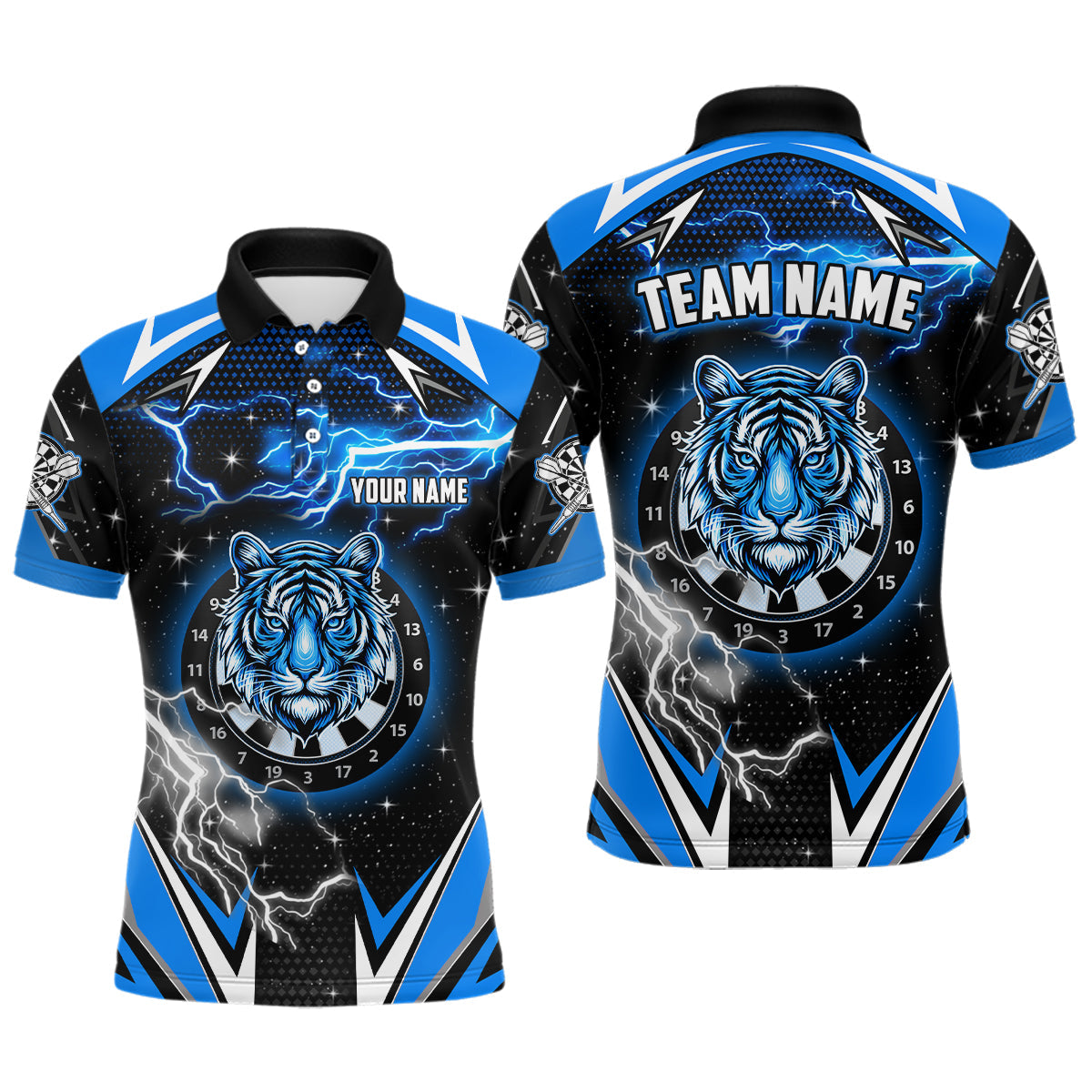 
Personalized Tiger Darts Shirts for Men - Thunder Lightning Blue Team Jerseys, League Apparel
 T2213