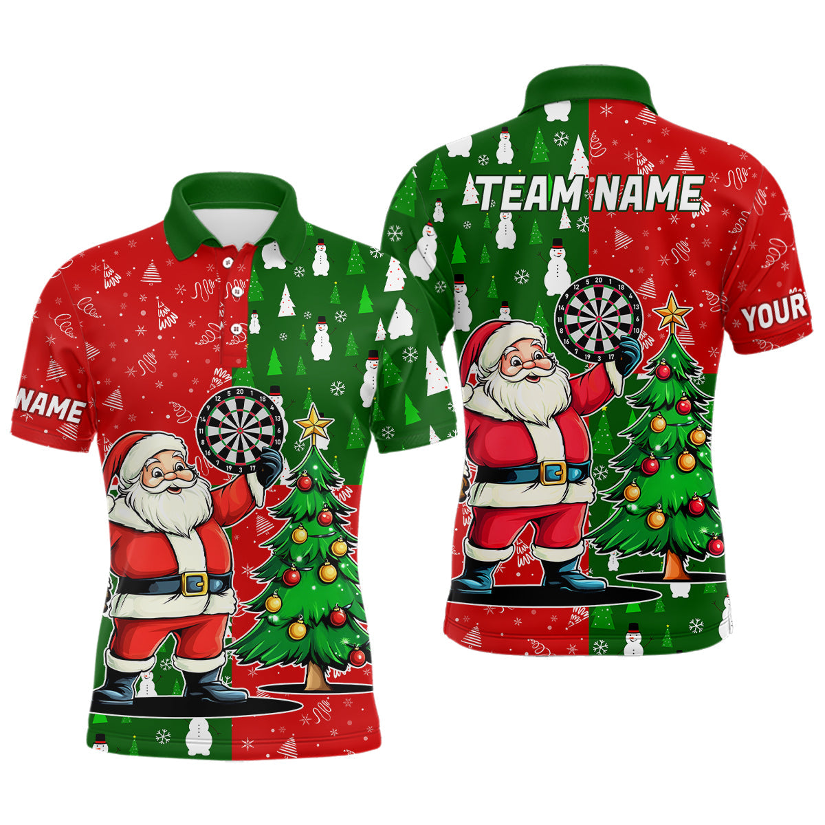 Men's Red And Green Darts Santa Christmas Polo & Quarter-Zip Shirt - Custom Funny Xmas Dart Apparel T3021