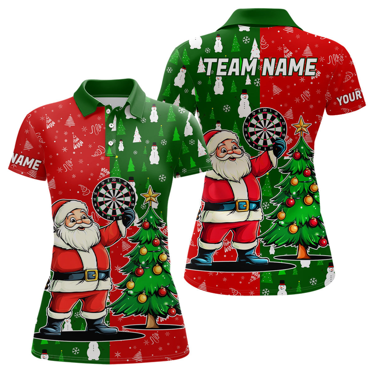 Santa Christmas Polo & Quarter-Zip Shirt for Women | Red and Green Funny Dart Design T3021