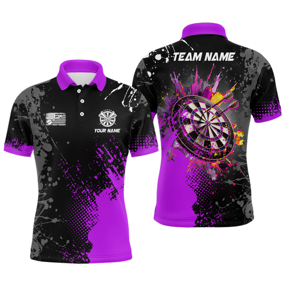 Custom Purple 3D Dartboard Men's Polo Shirts - Personalized Dart Jerseys for Team T1499