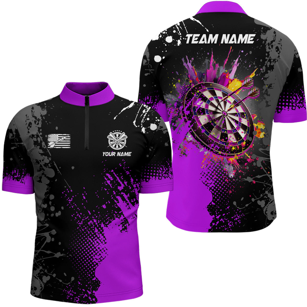 Custom Purple 3D Dartboard Men's Quarter-Zip Shirt - Personalized Darts Jerseys T1499