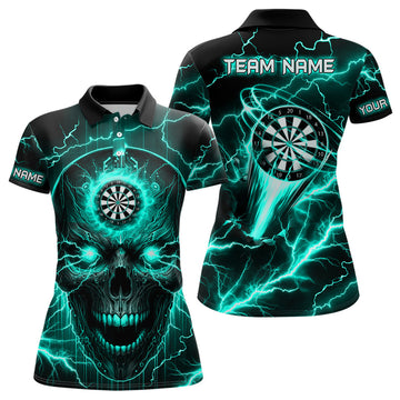 Turquoise Skull Darts Polo Shirt for Women, Quarter-Zip Custom Lightning Thunder Team Jersey T2838