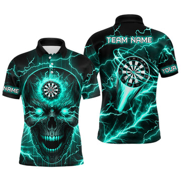 Turquoise Skull Darts Polo Shirt for Men, Quarter-Zip Custom Lightning Thunder Team Dart Jersey T2838