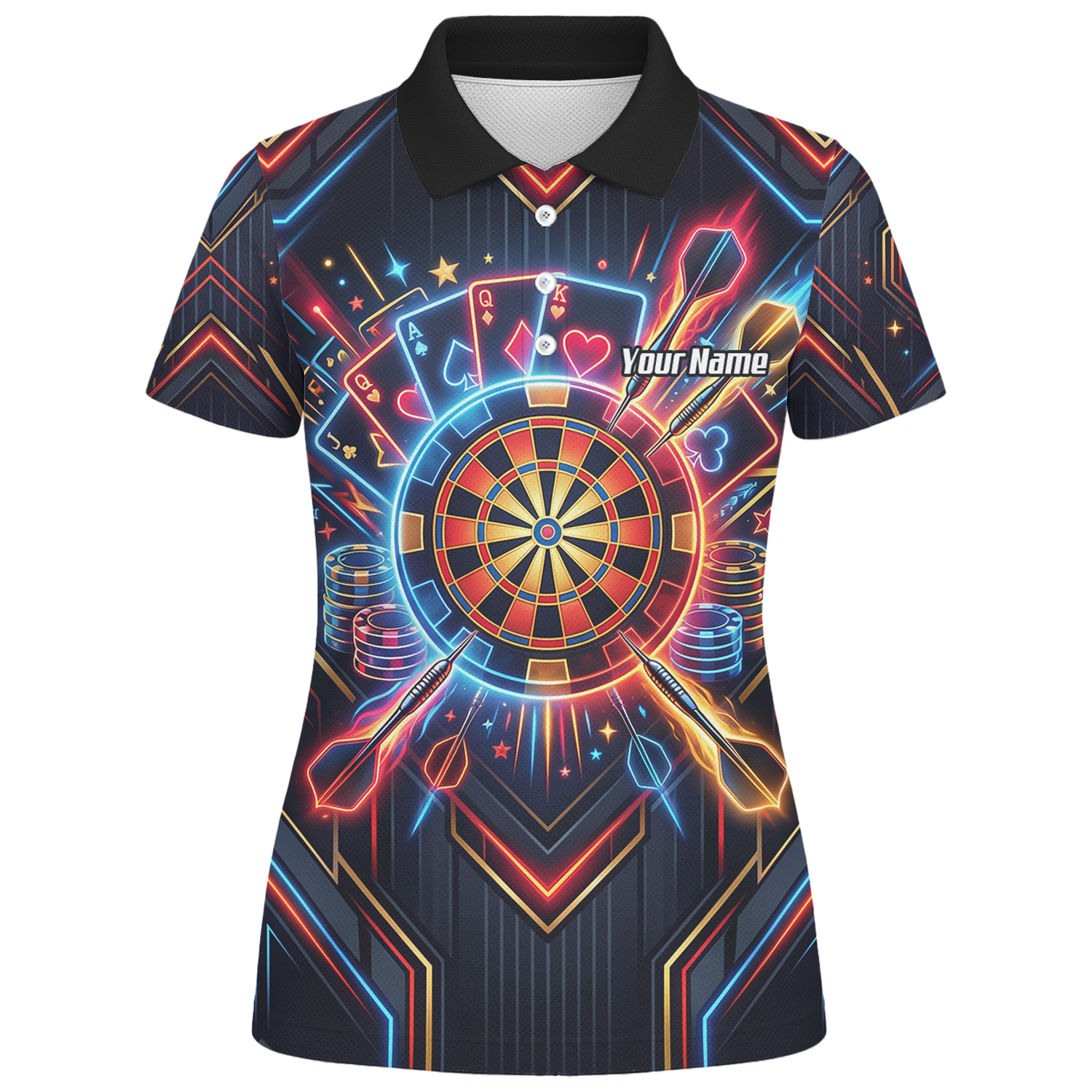 Personalised Neon Poker Casino Dart Jersey for Women Custom Name Team Darts Polo Shirt Black I2744
