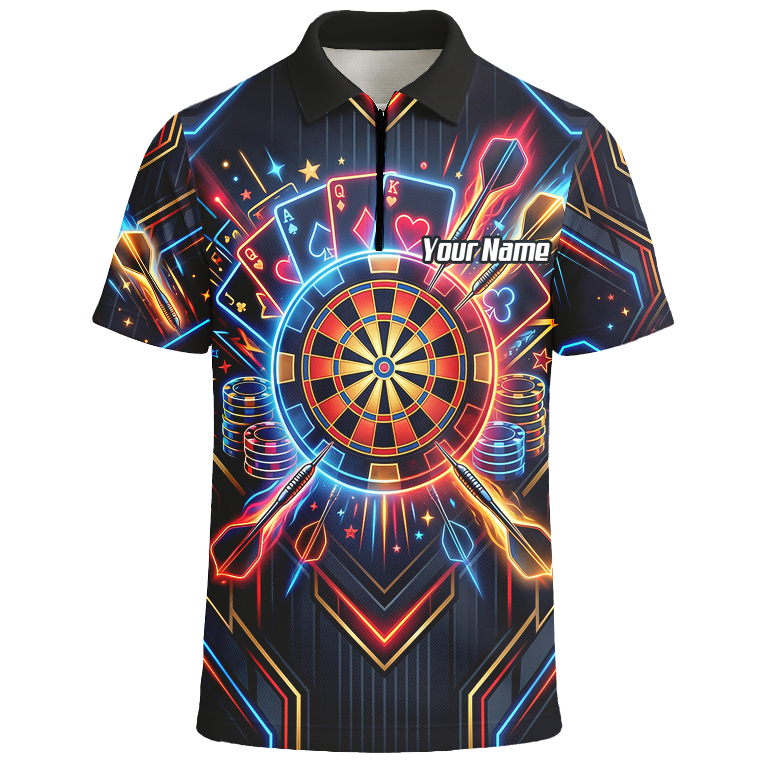 Personalised Neon Poker Casino Dart Jersey for Men Custom Name Team Darts Polo Shirt Black I2744