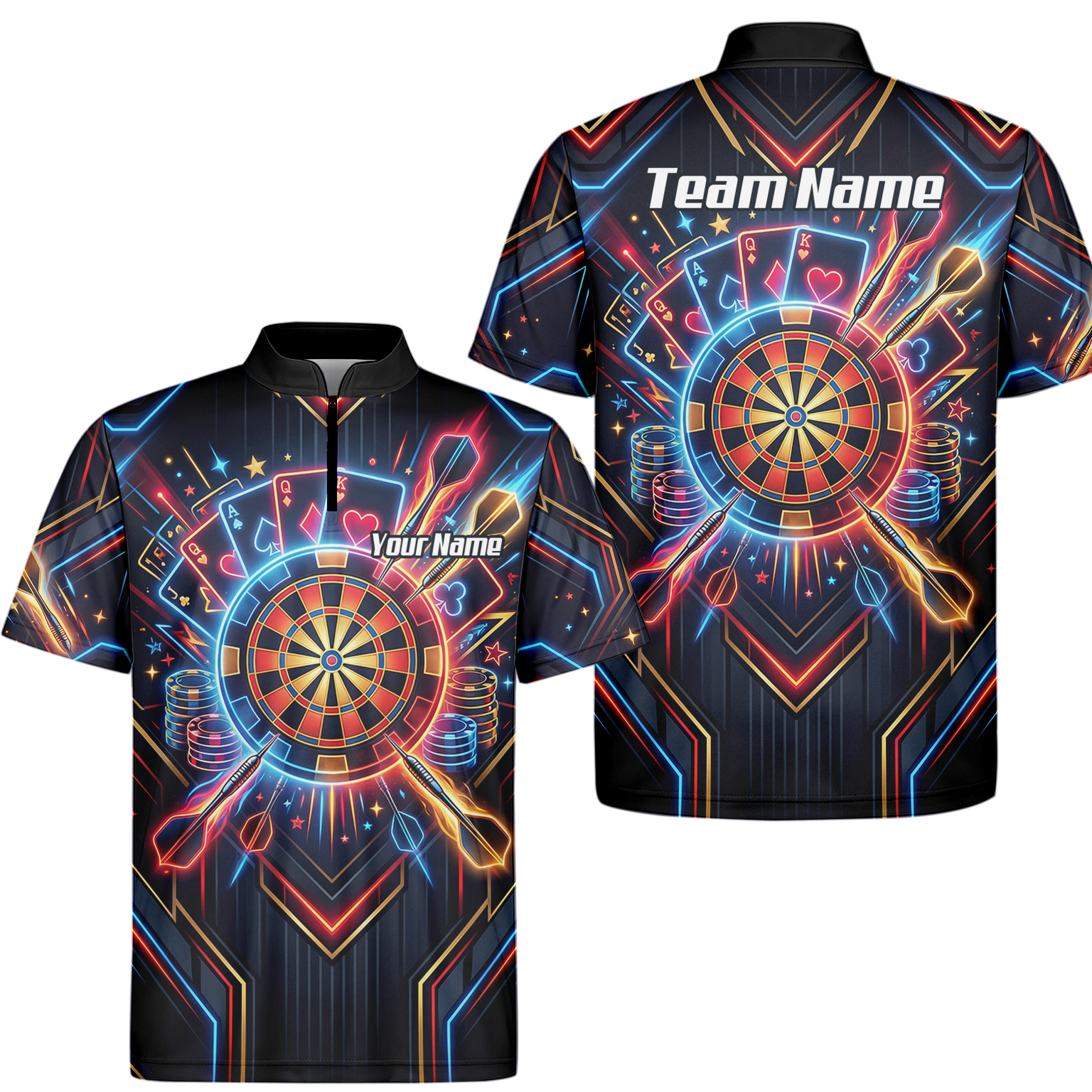 Personalised Neon Poker Casino Dart Jersey for Men Custom Name Team Darts Polo Shirt Black I2744