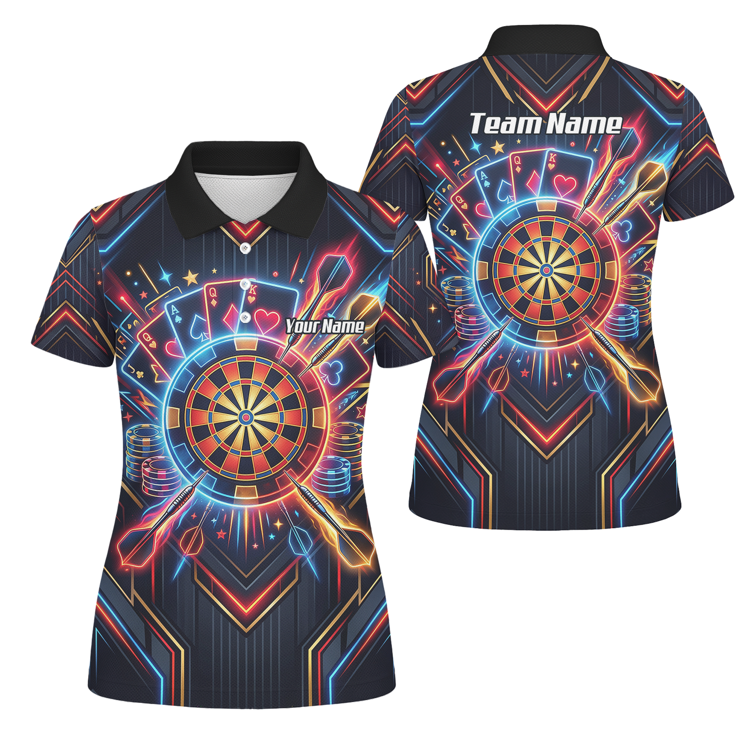 Personalised Neon Poker Casino Dart Jersey for Women Custom Name Team Darts Polo Shirt Black I2744