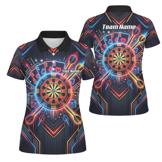 Personalised Neon Poker Casino Dart Jersey for Women Custom Name Team Darts Polo Shirt Black I2744