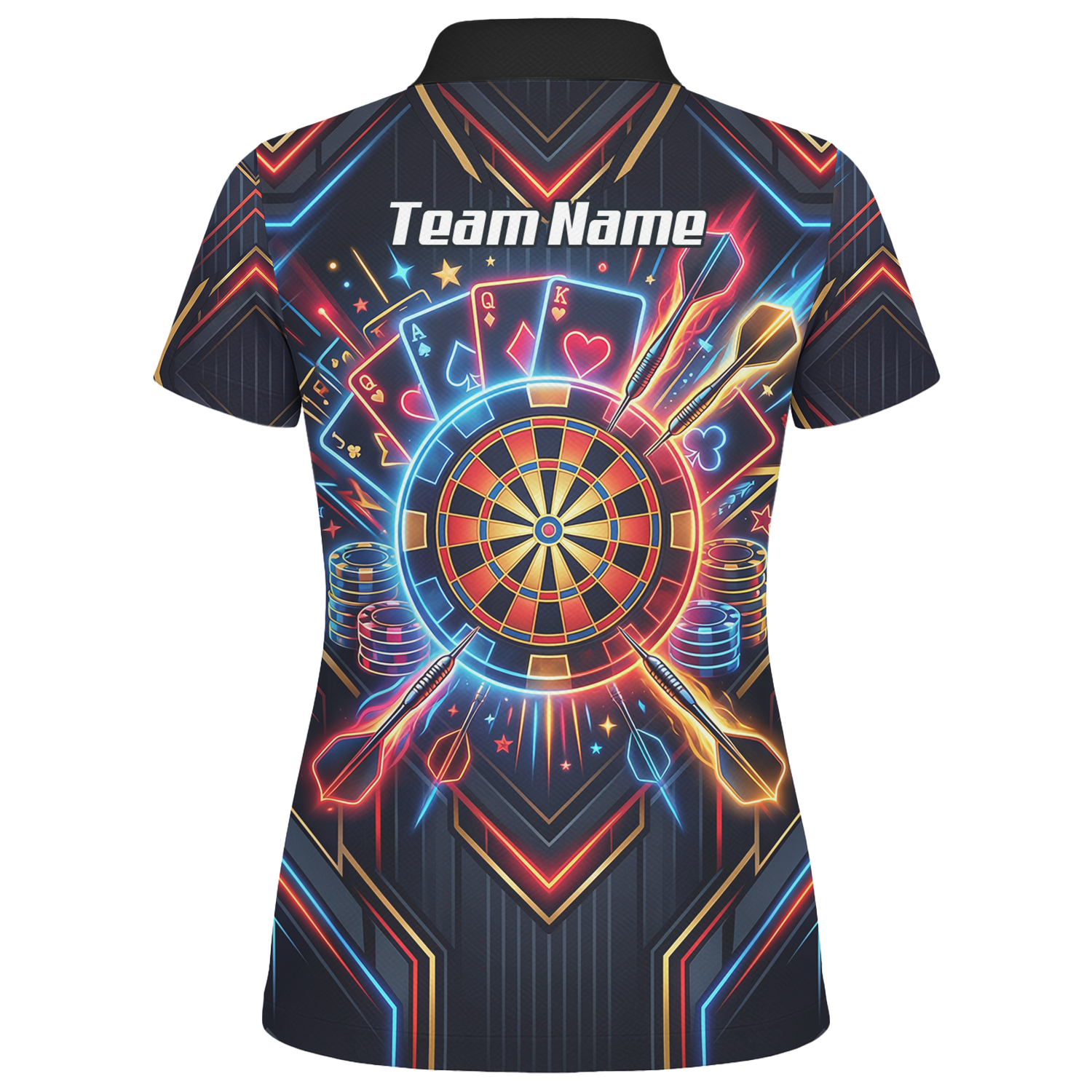 Personalised Neon Poker Casino Dart Jersey for Women Custom Name Team Darts Polo Shirt Black I2744
