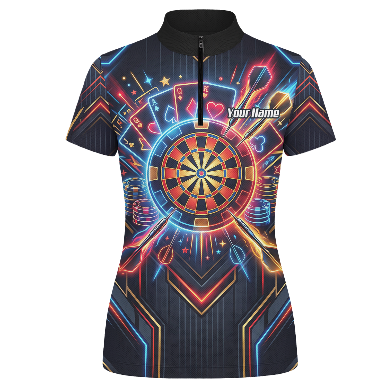 Personalised Neon Poker Casino Dart Jersey for Women Custom Name Team Darts Polo Shirt Black I2744
