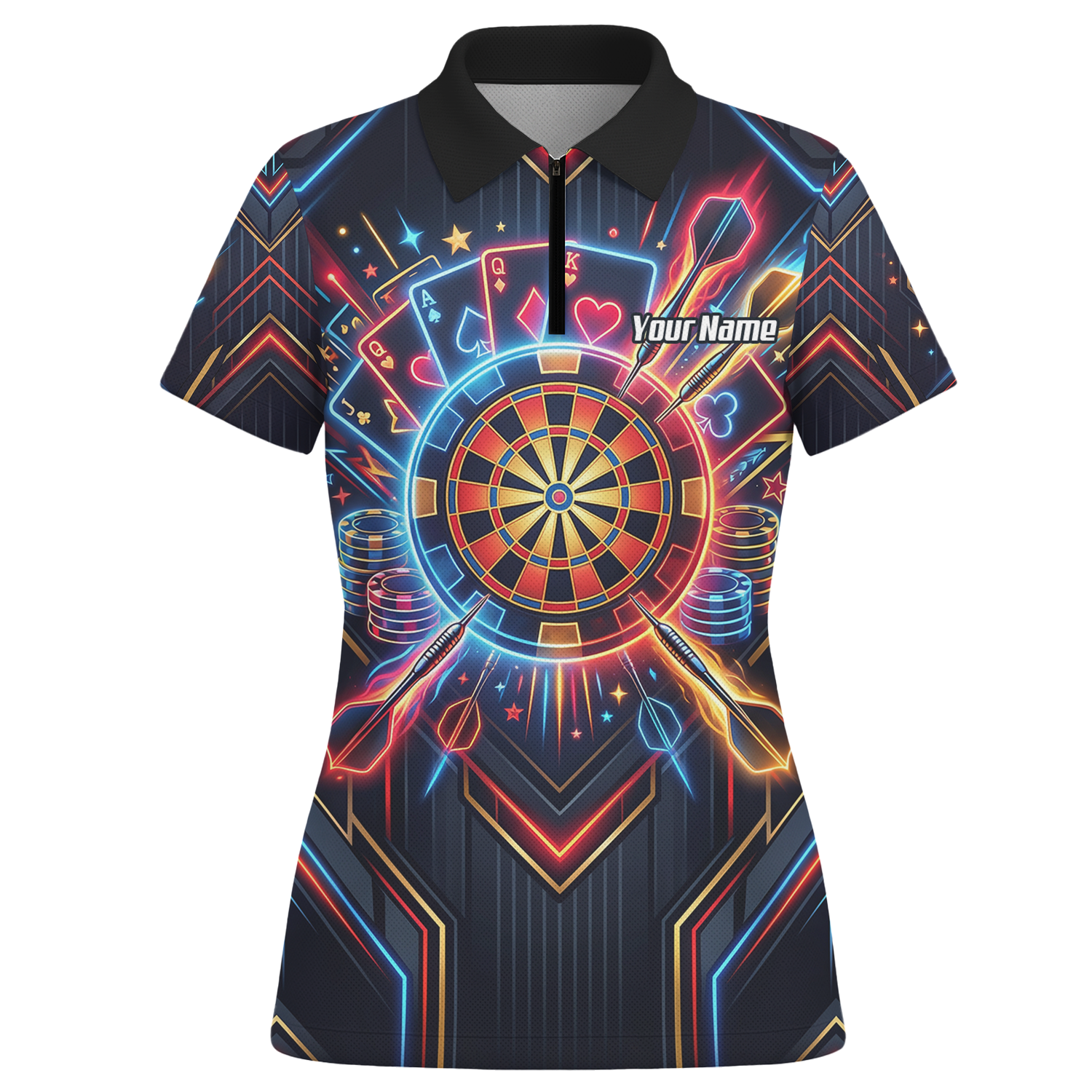 Personalised Neon Poker Casino Dart Jersey for Women Custom Name Team Darts Polo Shirt Black I2744