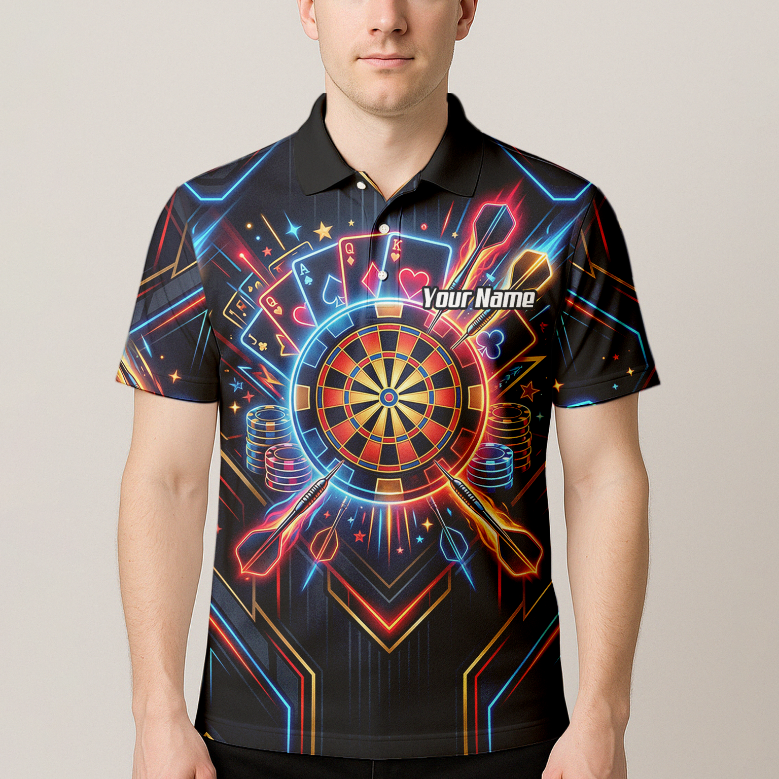 Personalised Neon Poker Casino Dart Jersey for Men Custom Name Team Darts Polo Shirt Black I2744