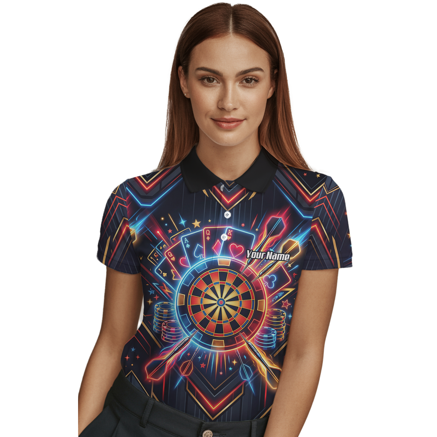 Personalised Neon Poker Casino Dart Jersey for Women Custom Name Team Darts Polo Shirt Black I2744
