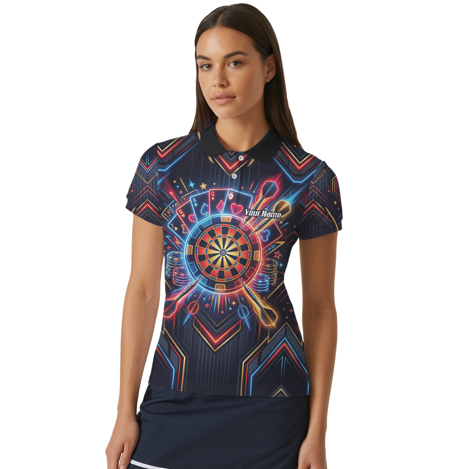 Personalised Neon Poker Casino Dart Jersey for Women Custom Name Team Darts Polo Shirt Black I2744
