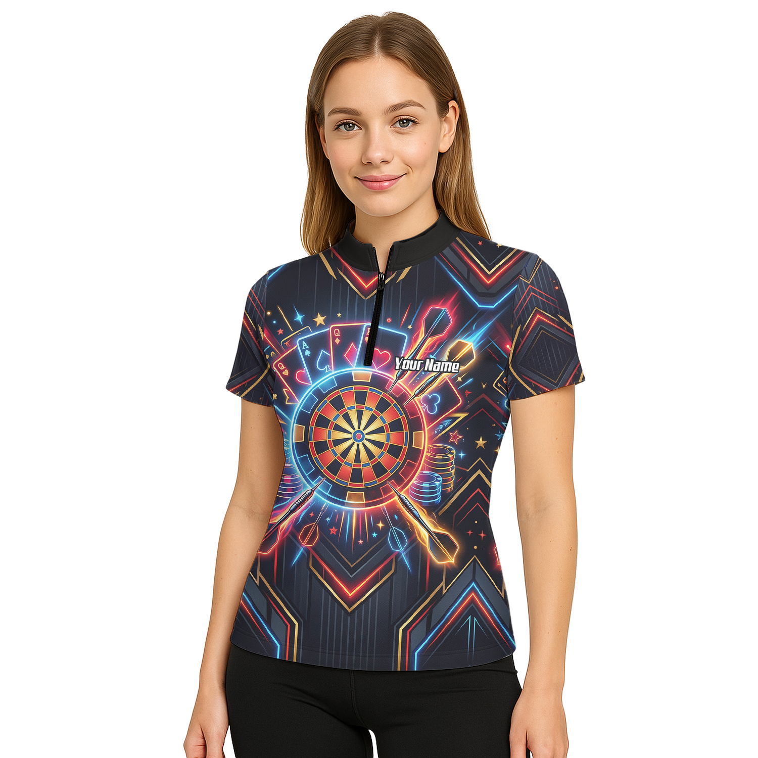 Personalised Neon Poker Casino Dart Jersey for Women Custom Name Team Darts Polo Shirt Black I2744