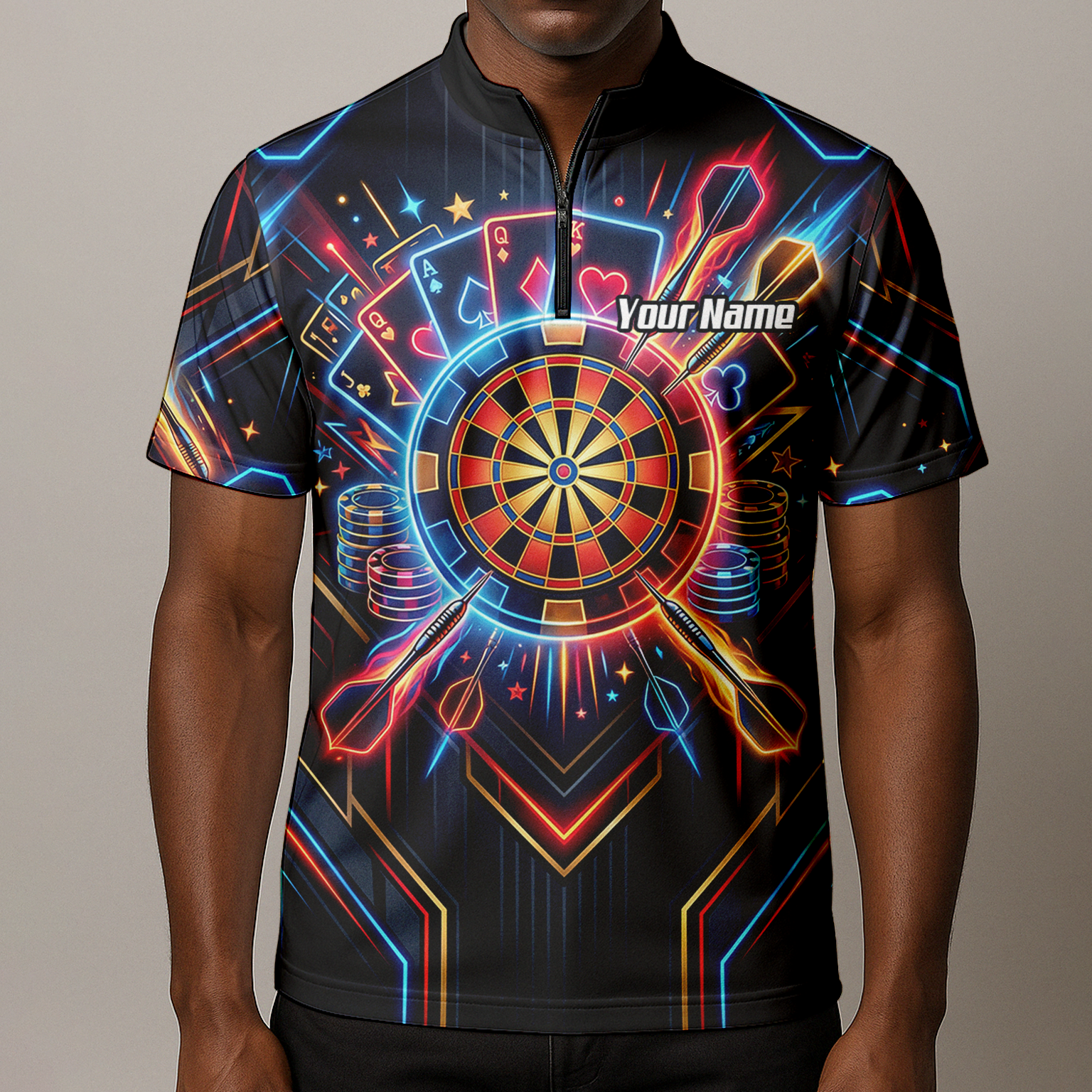 Personalised Neon Poker Casino Dart Jersey for Men Custom Name Team Darts Polo Shirt Black I2744