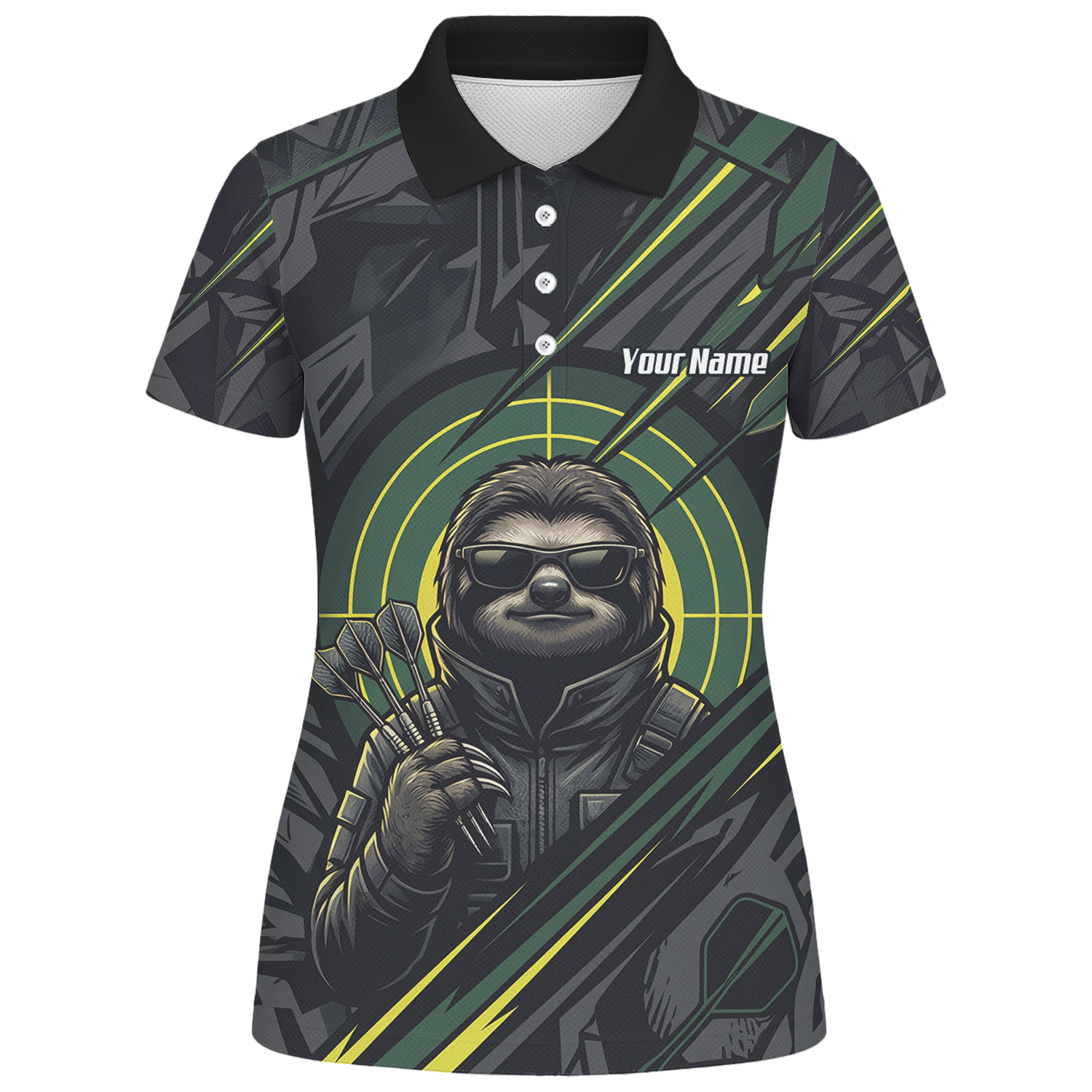 Personalised Sloth Dart Jersey for Women Custom Name and Team Polo Shirt Black and Lime Green I5001