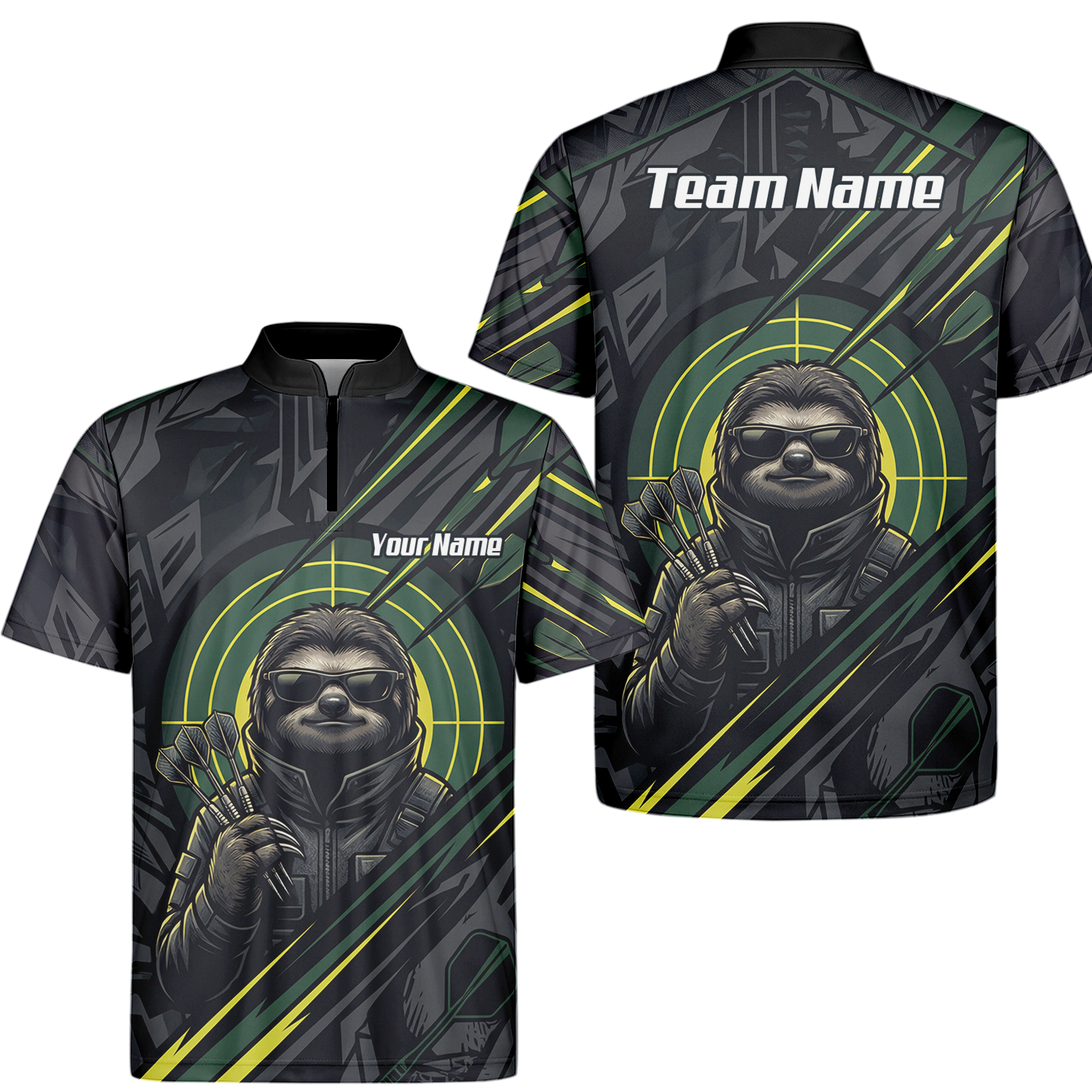 Personalised Sloth Dart Jersey for Men Custom Name and Team Polo Shirt Black and Lime Green I5001