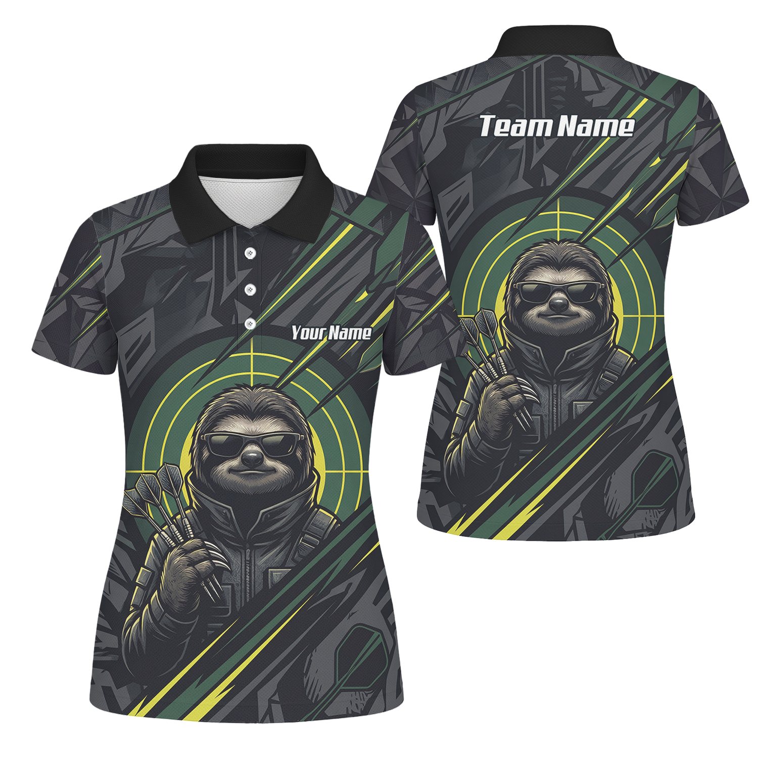Personalised Sloth Dart Jersey for Women Custom Name and Team Polo Shirt Black and Lime Green I5001