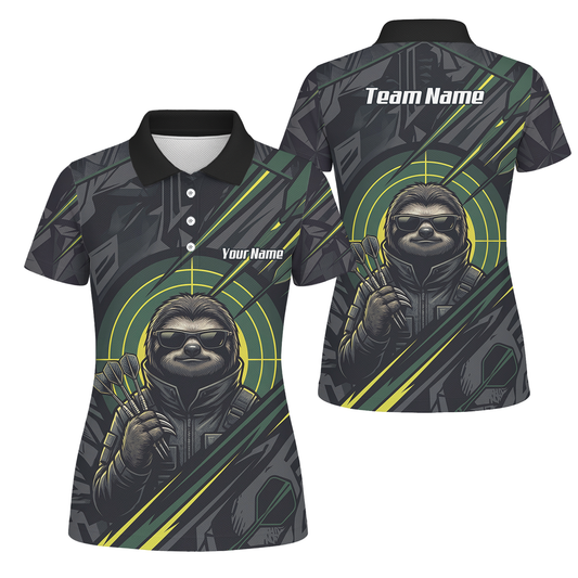 Personalised Sloth Dart Jersey for Women Custom Name and Team Polo Shirt Black and Lime Green I5001