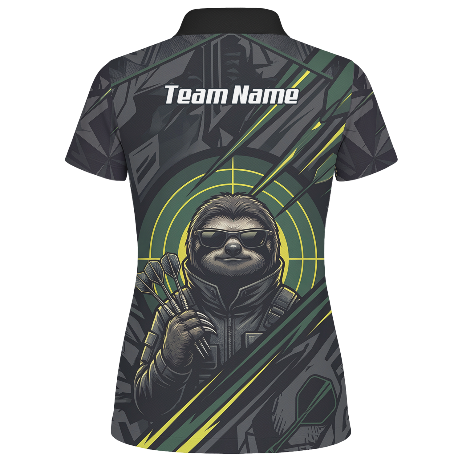 Personalised Sloth Dart Jersey for Women Custom Name and Team Polo Shirt Black and Lime Green I5001