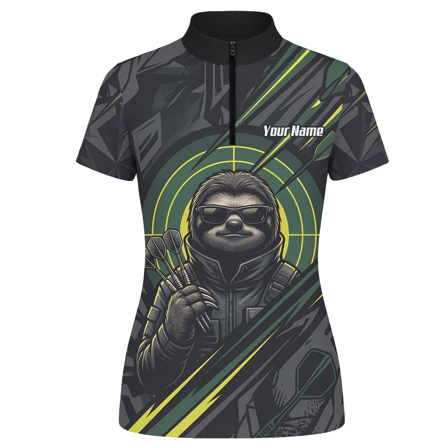Personalised Sloth Dart Jersey for Women Custom Name and Team Polo Shirt Black and Lime Green I5001
