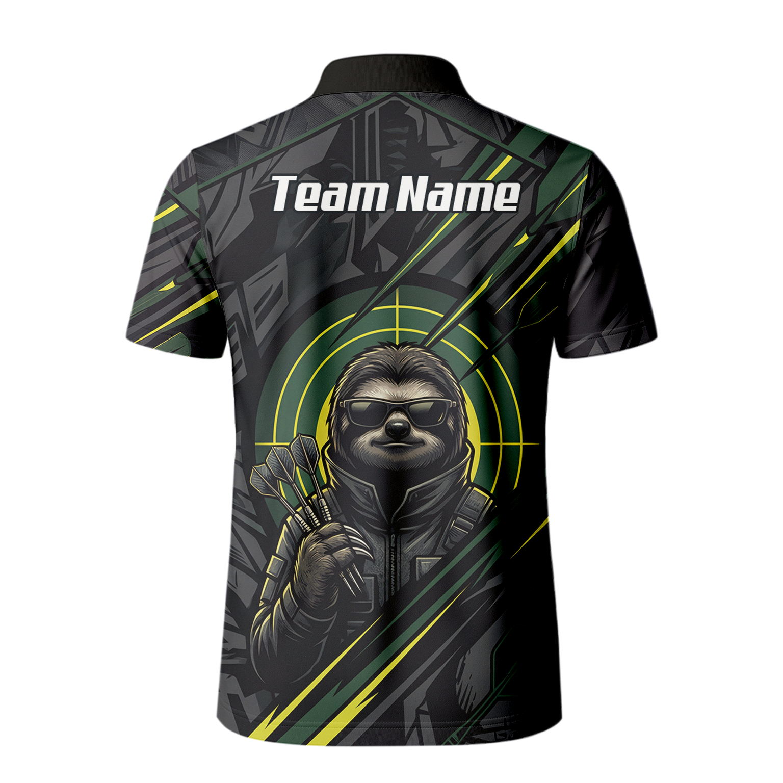 Personalised Sloth Dart Jersey for Men Custom Name and Team Polo Shirt Black and Lime Green I5001