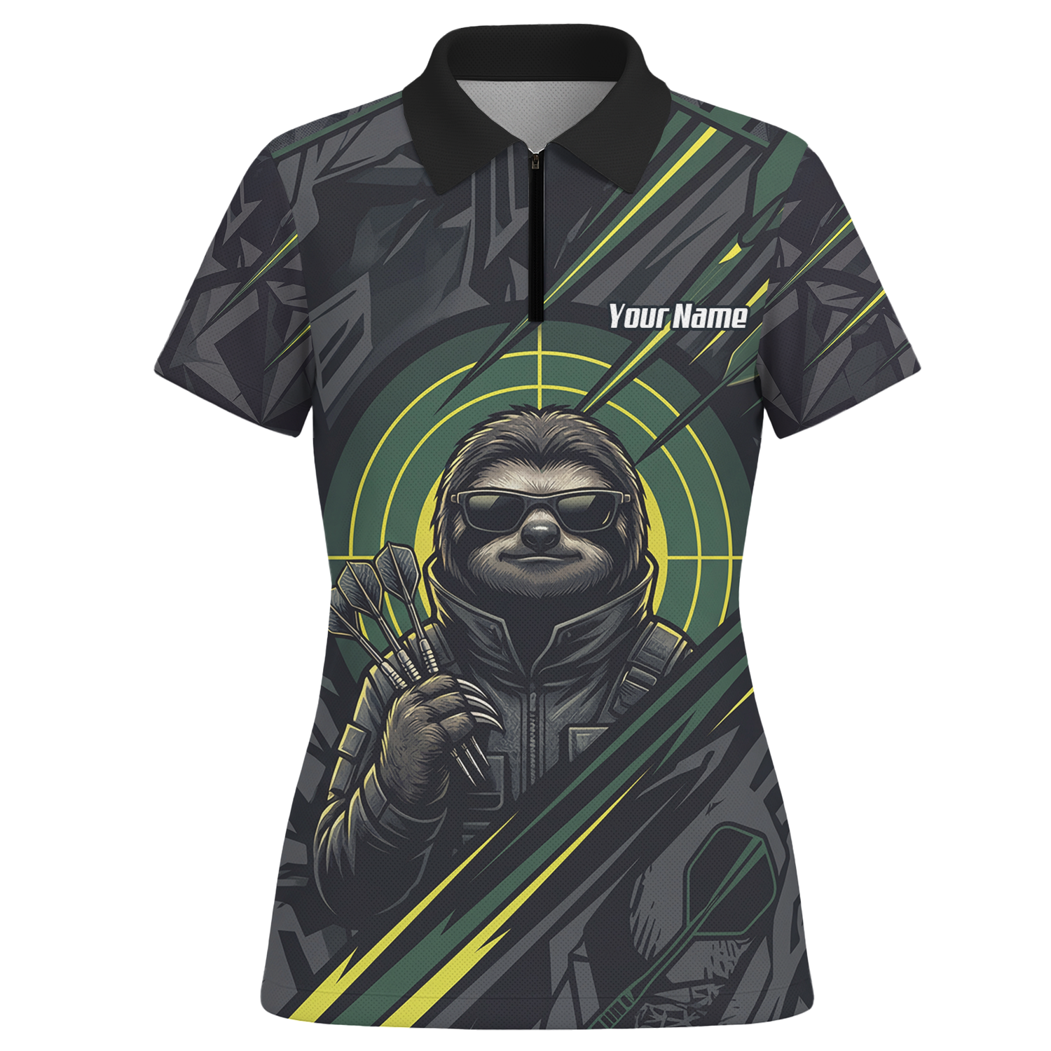 Personalised Sloth Dart Jersey for Women Custom Name and Team Polo Shirt Black and Lime Green I5001