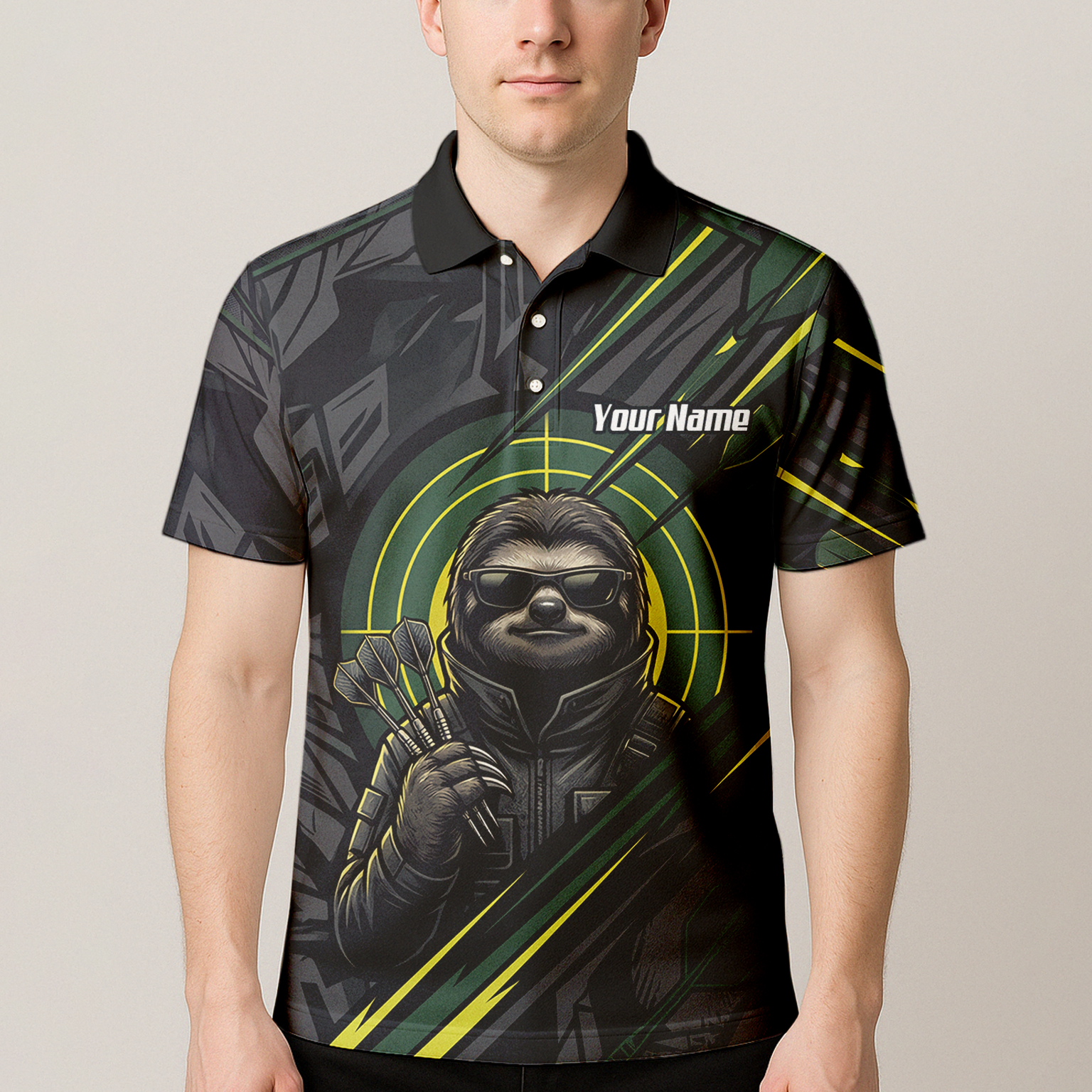 Personalised Sloth Dart Jersey for Men Custom Name and Team Polo Shirt Black and Lime Green I5001