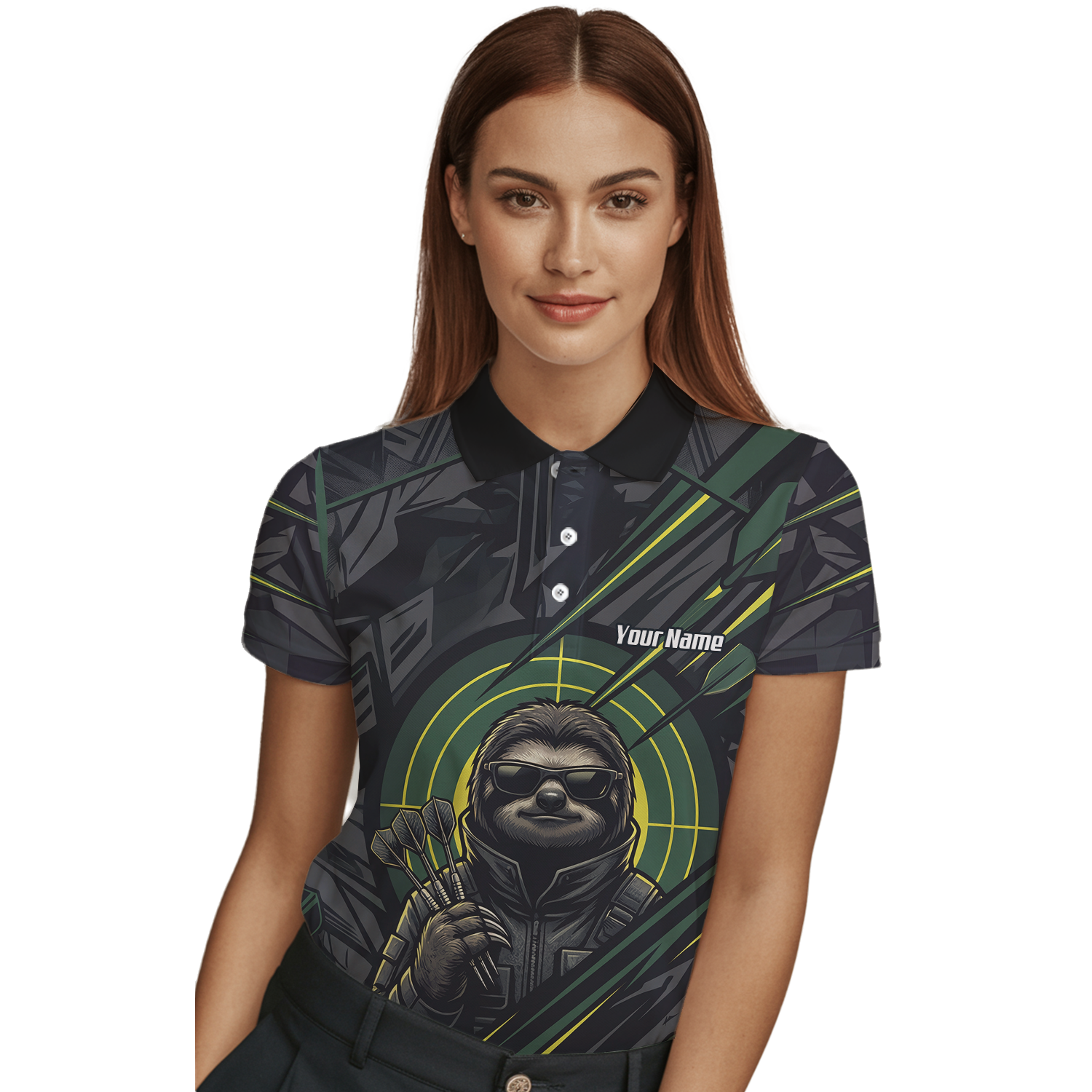 Personalised Sloth Dart Jersey for Women Custom Name and Team Polo Shirt Black and Lime Green I5001