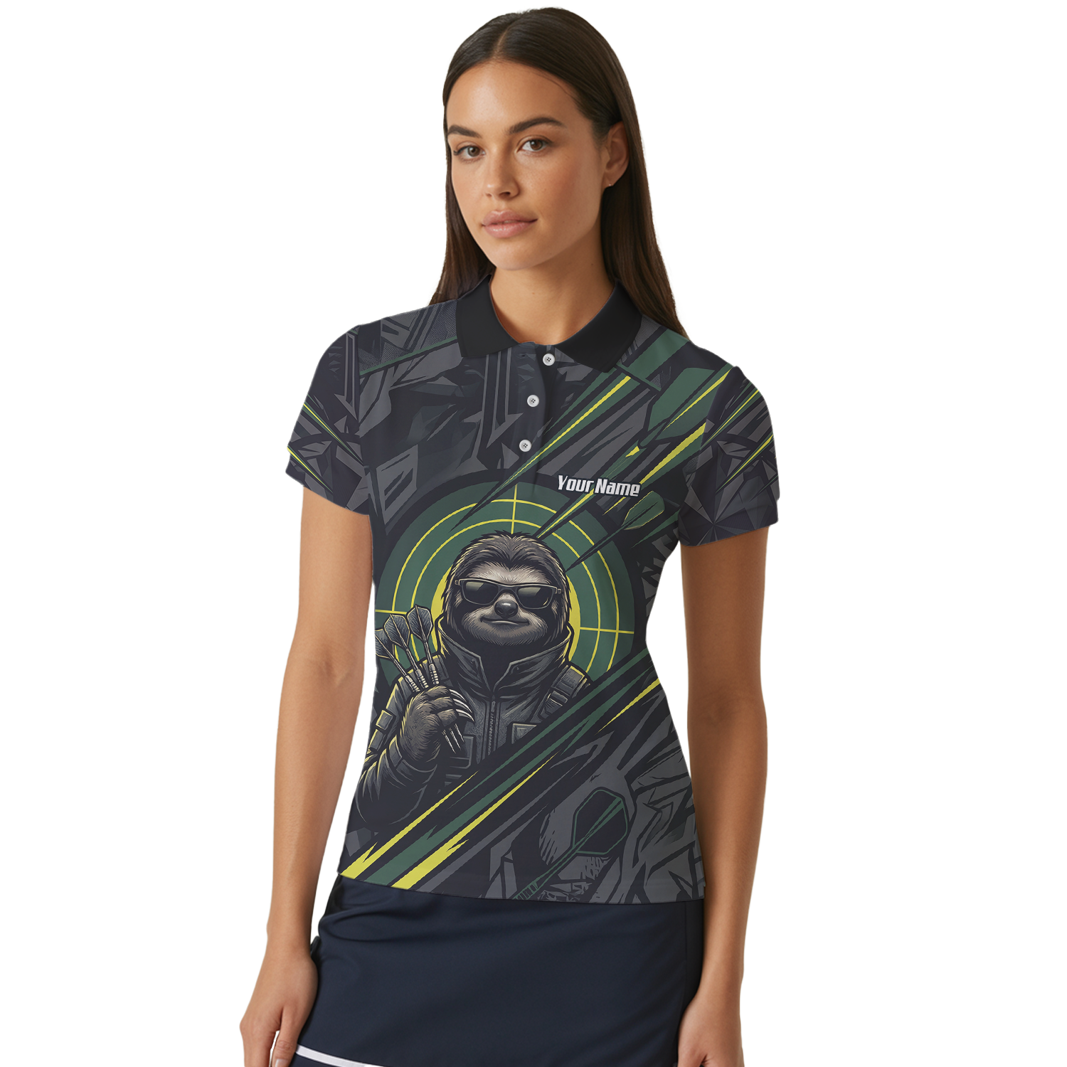 Personalised Sloth Dart Jersey for Women Custom Name and Team Polo Shirt Black and Lime Green I5001