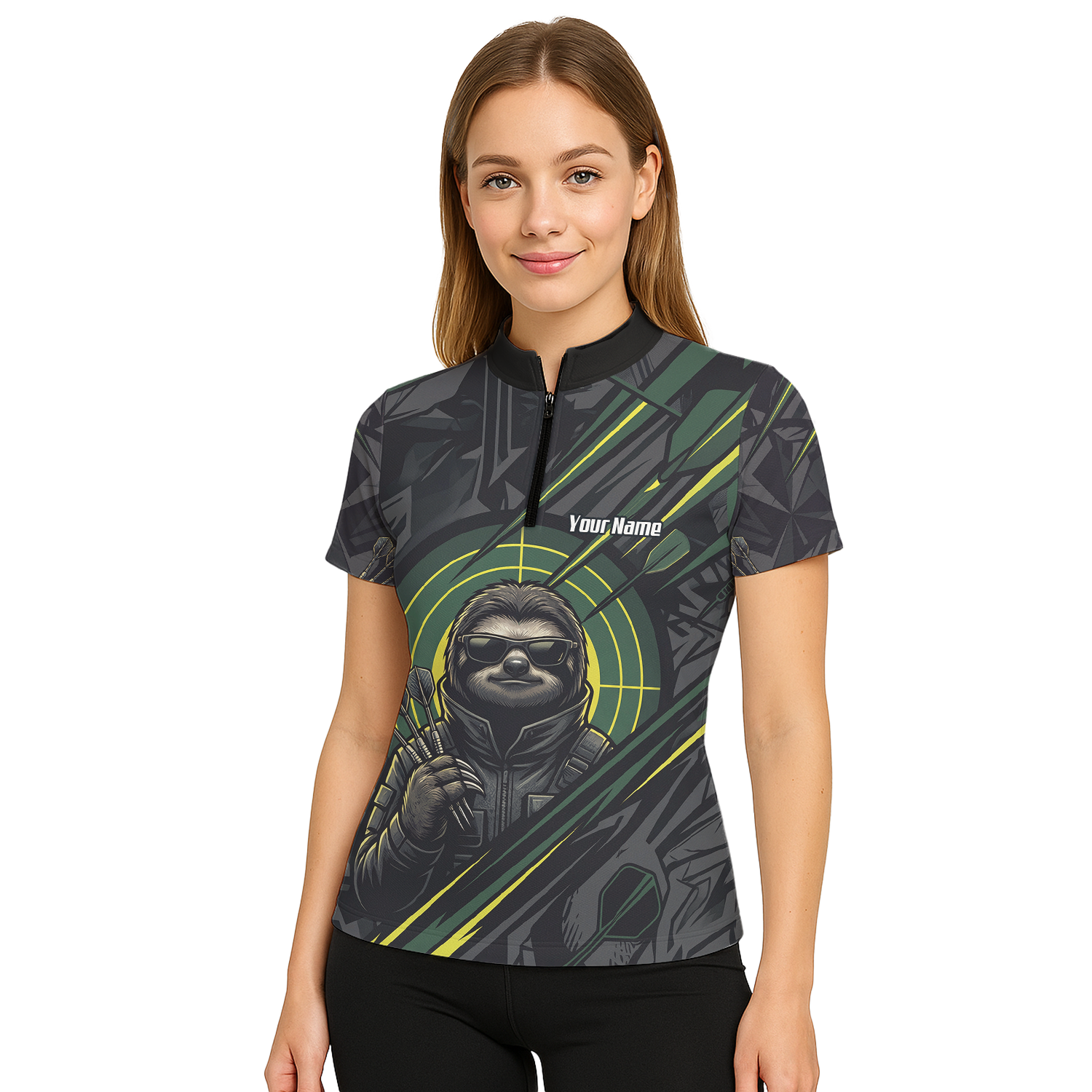 Personalised Sloth Dart Jersey for Women Custom Name and Team Polo Shirt Black and Lime Green I5001