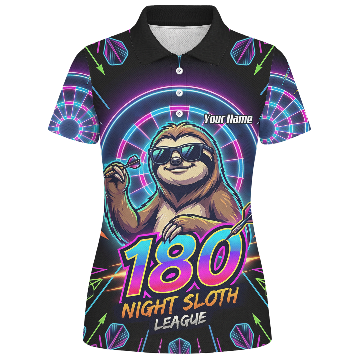 Personalised Night Sloth Dart Jersey for Women Custom Neon Retro 180 Graphic Polo Shirt Black I5226