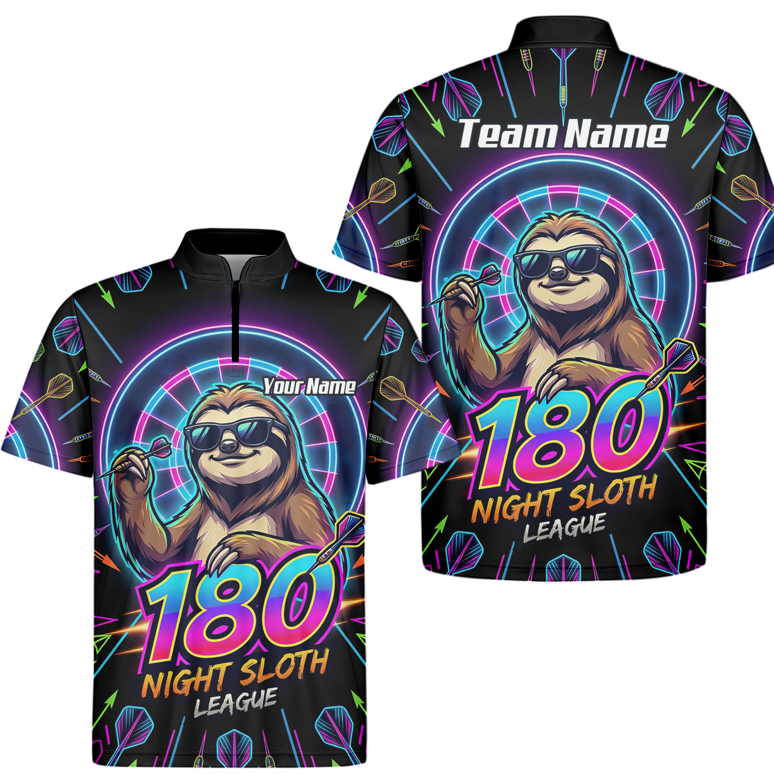 Personalised Night Sloth Dart Jersey for Men Custom Neon Retro 180 Graphic Polo Shirt Black I5226