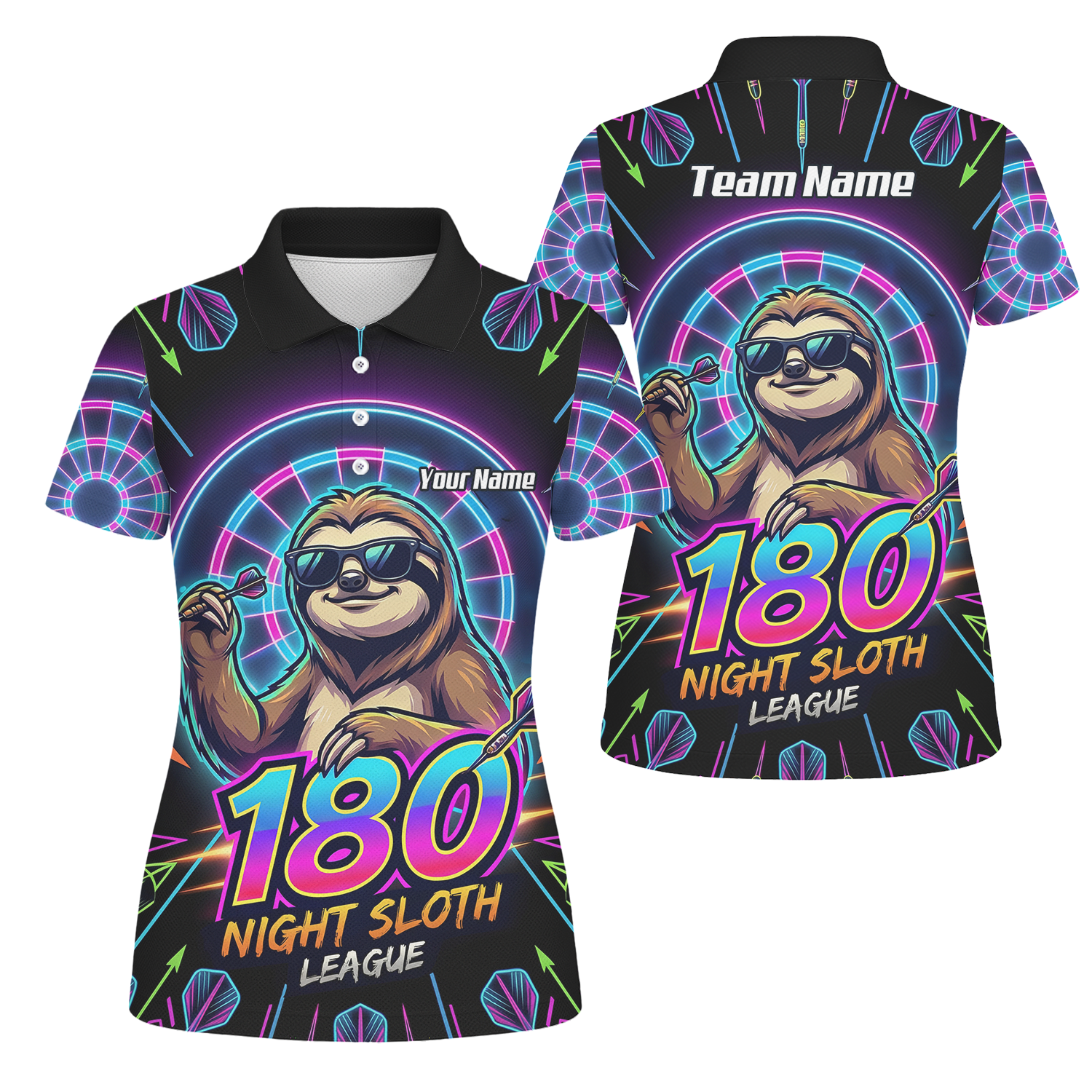 Personalised Night Sloth Dart Jersey for Women Custom Neon Retro 180 Graphic Polo Shirt Black I5226