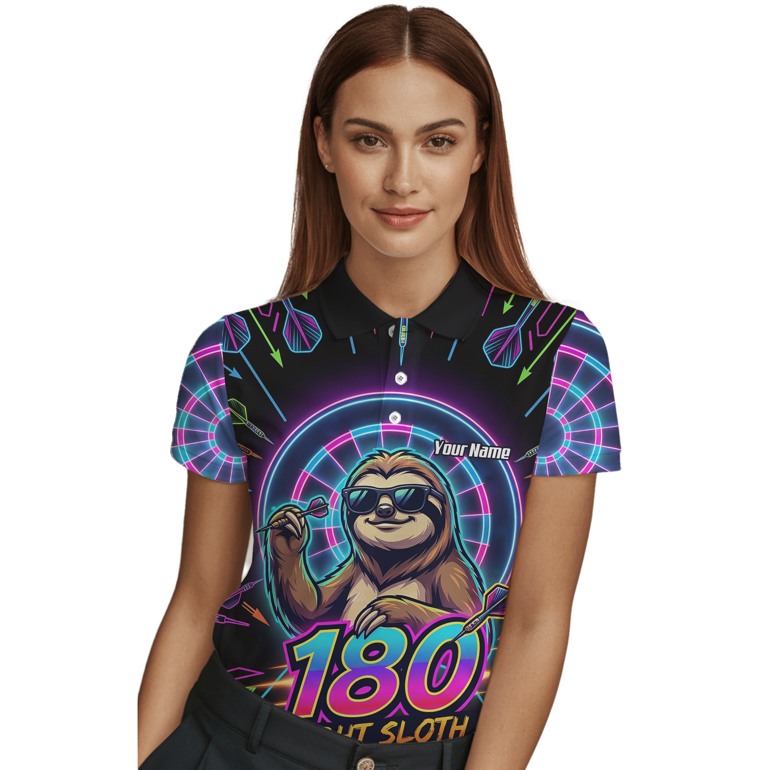 Personalised Night Sloth Dart Jersey for Women Custom Neon Retro 180 Graphic Polo Shirt Black I5226