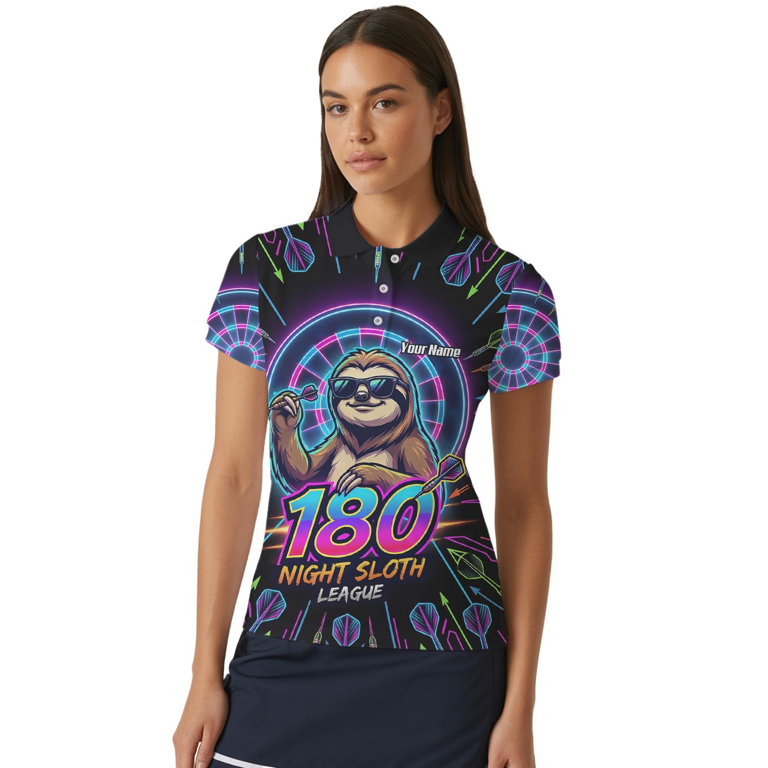 Personalised Night Sloth Dart Jersey for Women Custom Neon Retro 180 Graphic Polo Shirt Black I5226