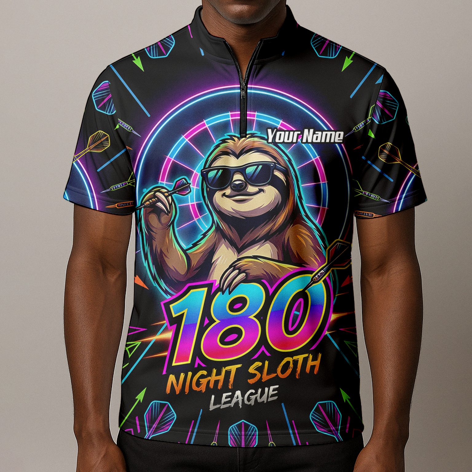 Personalised Night Sloth Dart Jersey for Men Custom Neon Retro 180 Graphic Polo Shirt Black I5226
