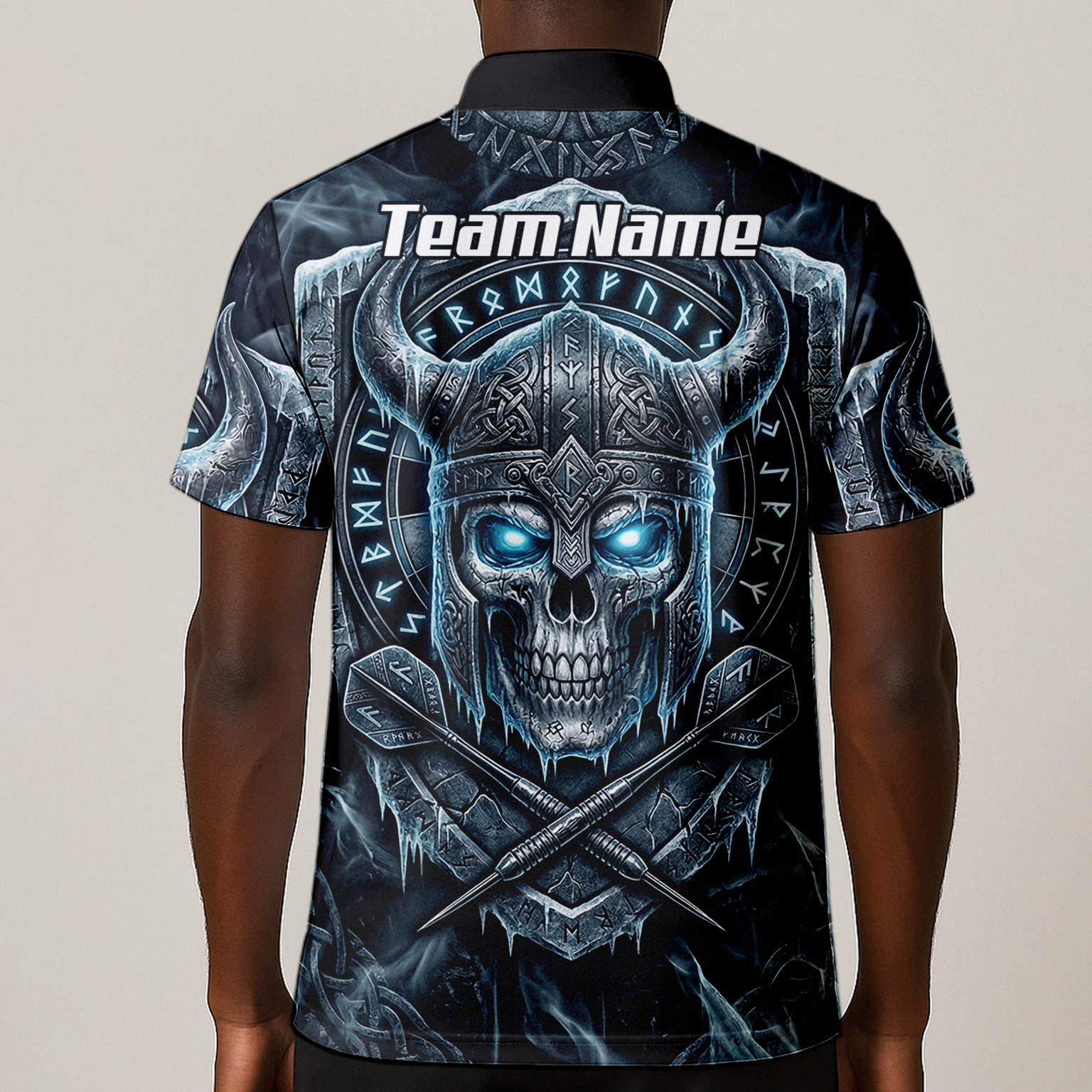 Personalised Viking Skull Dart Jersey for Men Custom Norse Runes Warrior Shirt Ice Blue and Grey Polo I6327