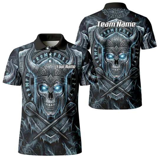 Personalised Viking Skull Dart Jersey for Men Custom Norse Runes Warrior Shirt Ice Blue and Grey Polo I6327