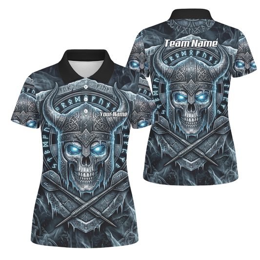 Personalised Viking Skull Dart Jersey for Women Custom Norse Runes Warrior Shirt Ice Blue and Grey Polo I6327
