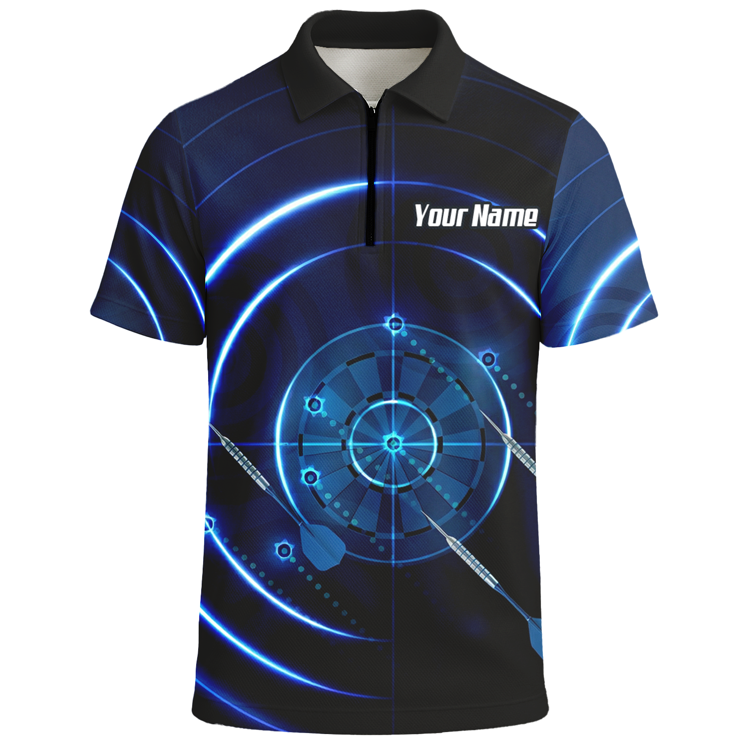 Personalised Cyber Target Dart Jersey Blue Black Polo and Zipper For Men Custom Neon Radar Design I6871 - Polo -w Zipper Yes
