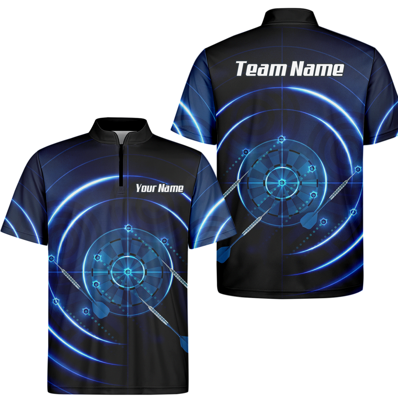 Personalised Cyber Target Dart Jersey Blue Black Polo and Zipper For Men Custom Neon Radar Design I6871 - Zipper Yes
