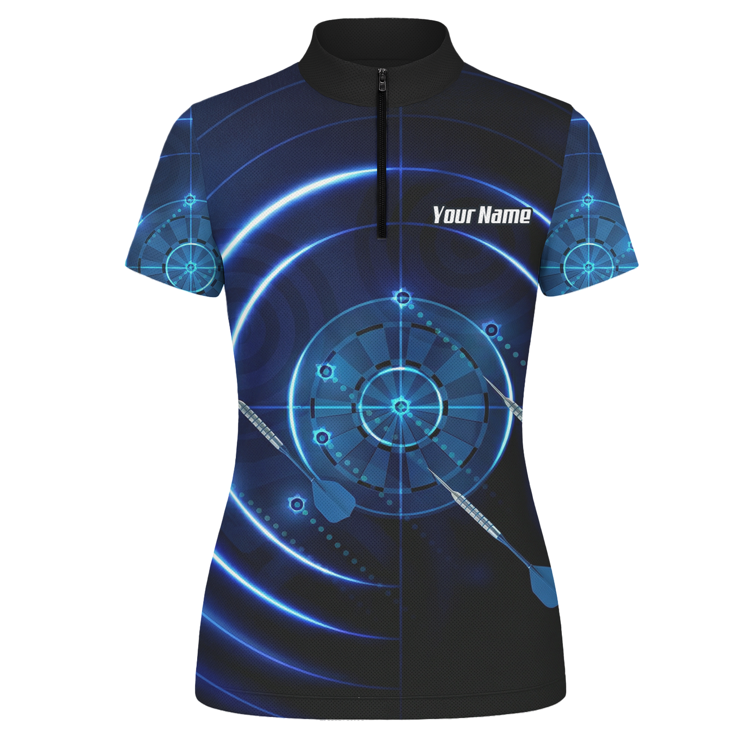 Personalised Cyber Target Dart Jersey Blue Black Polo and Zipper For Women Custom Neon Radar Design I6871 - Zipper Yes