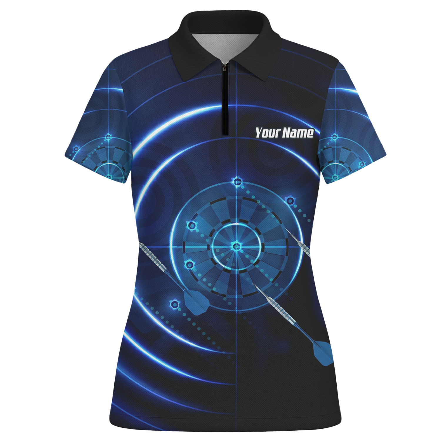 Personalised Cyber Target Dart Jersey Blue Black Polo and Zipper For Women Custom Neon Radar Design I6871 - Polo -w Zipper Yes