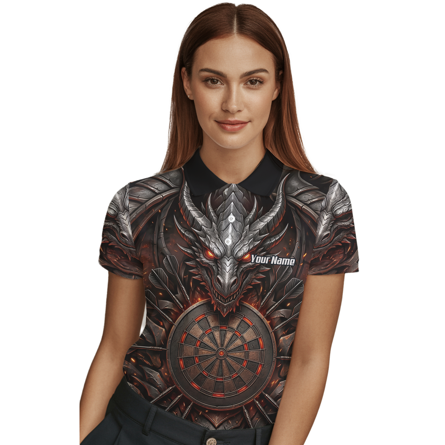 Personalised Armoured Dragon Dart Jersey for Women Custom Fire Polo Shirt Black Red J1144