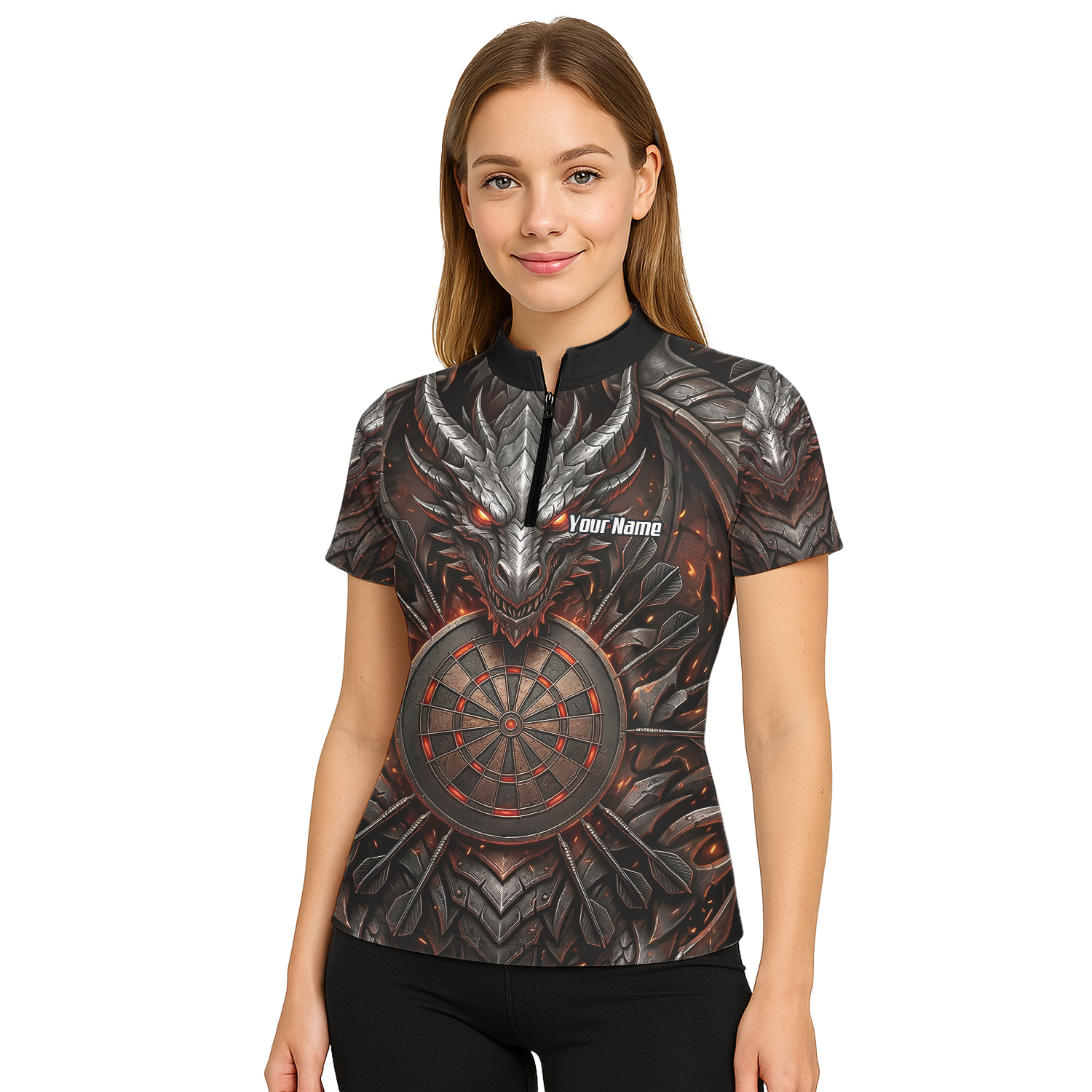 Personalised Armoured Dragon Dart Jersey for Women Custom Fire Polo Shirt Black Red J1144